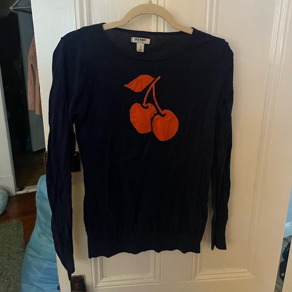 Old Navy cute cherry print navy blue lightweight crew neck sweater.